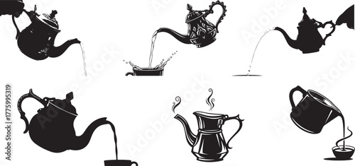 Vintage teapots pouring liquid into cups steam