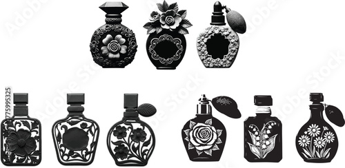 Ornate vintage perfume bottles with floral designs