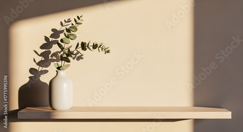 Minimal Ceramic Vase with Eucalyptus in Warm Morning Sunlight – Modern Home Decor