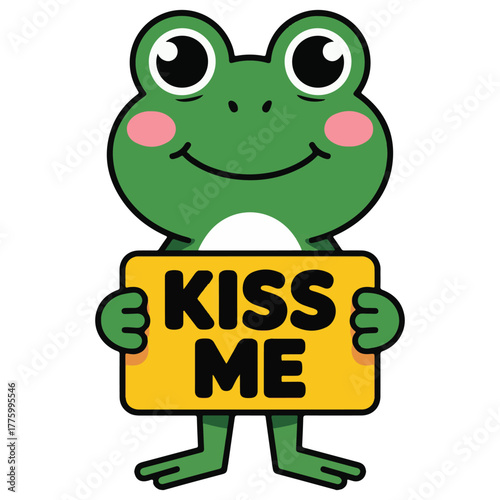 Funny Frog Holding 'Kiss Me' Sign Illustration – Playful Cartoon with Romantic Twist