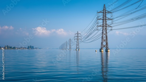 Over placid water, electric transmission towers.  Long power line across the ocean