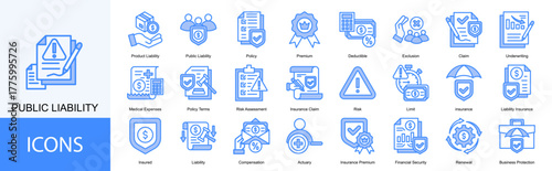 public liability icon collection set. Containing Product Liability, Policy, Premium, Deductible, Exclusion, Claim, Underwriting icon