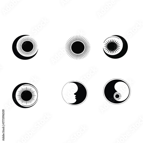 Sun and Moon Silhouette Bundle – Minimal Celestial Vector Icons.