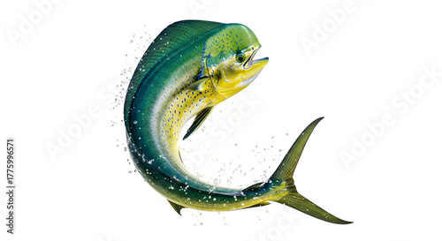 Colorful mahi mahi fish jumping out of the water on a black background