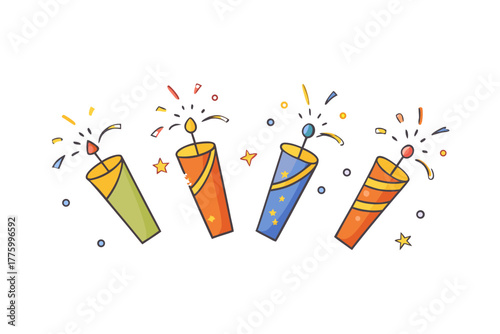 set of Party popper explosion with confetti, vector illustration, isolated on white background