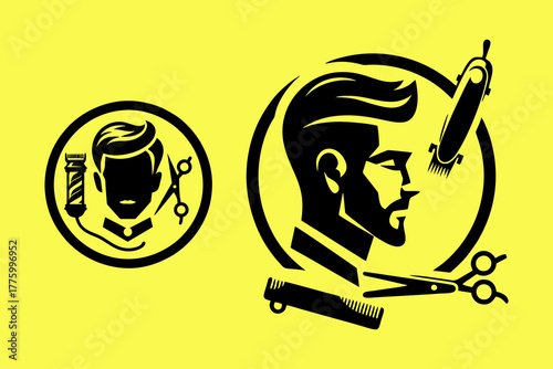 This is a black barbershop logo, suitable for logo designs for hair cutting tools, barber shops, hairdressers, salons, hair oils, men's makeup, posters, banners, flyers,