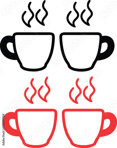 Two pairs of steaming coffee cups in black and red outline with steam rising