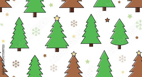 Festive holiday pattern with evergreen trees and snowflakes, celebrating winter cheer.