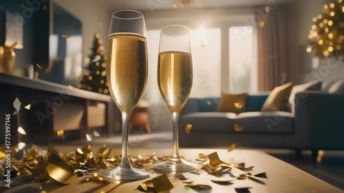 Morning after New Year’s party with half-full champagne glasses in soft sunlight