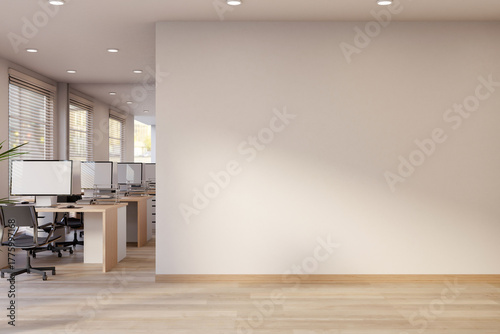 White wall corridor aside office working room with computer table and chair on wooden parquet floor.