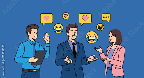 Diverse team engaging in positive online communication with social media reactions