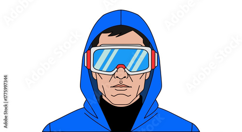 Man in blue hoodie and futuristic goggles looks forward with determined expression