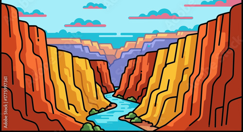 Vibrant cartoon illustration of a winding river flowing through a majestic canyon under a colorful sky.
