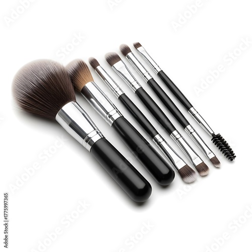Collection of Black and Silver Makeup Brushes Isolated on White Background. Beauty Accessory Tools for Cosmetic