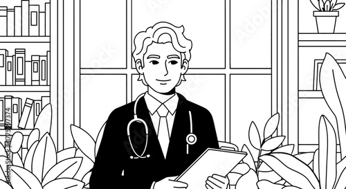 Friendly doctor with stethoscope and clipboard smiles confidently amidst lush greenery and bookshelves.