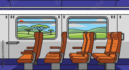 Empty train carriage with seats facing windows showing a scenic landscape of rolling hills and trees
