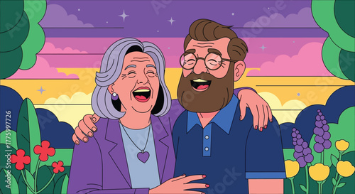 Joyful elderly couple embracing and laughing outdoors amidst colorful flowers and sunset sky