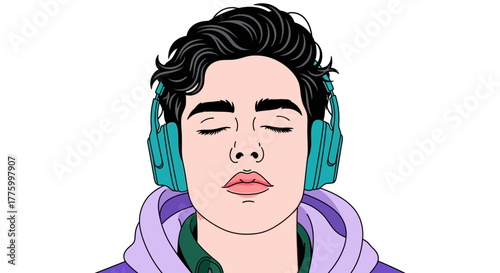 Young man with eyes closed, enjoying music with headphones