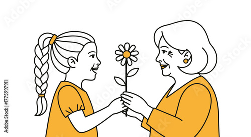 Young girl happily gives a flower to her smiling grandmother, celebrating connection and love.