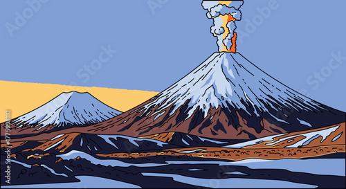 Majestic snow-capped volcano erupting with a plume of smoke against a vibrant sky