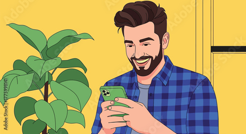 Smiling man with beard enjoys a message on his smartphone, surrounded by lush green plants.