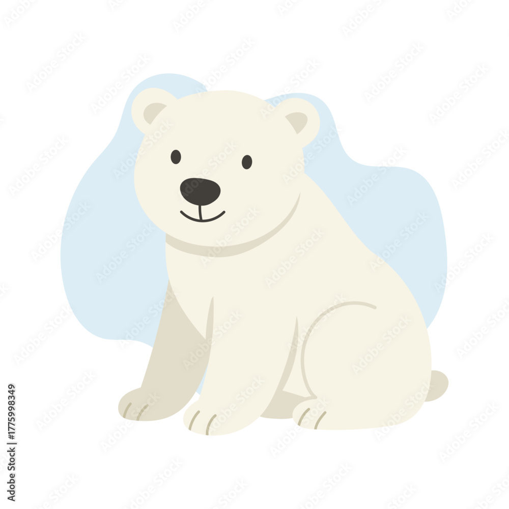 Naklejka premium Polar bear sits calmly on frozen land, bear radiates warmth and innocence, polar bear symbolizes strength, survival, and purity of arctic wildlife, touching viewers with winter serenity and care.