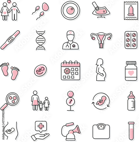 Pregnancy and fertility icons set, including couple, sperm, egg, uterus, and more.