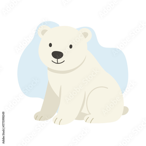 Polar bear sits calmly on frozen land, bear radiates warmth and innocence, polar bear symbolizes strength, survival, and purity of arctic wildlife, touching viewers with winter serenity and care.