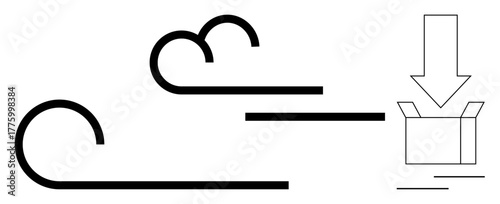 Curved lines representing wind movement directed into an open box with a downward arrow. Ideal for delivery, logistics, packaging, environmental impact, transportation, energy efficiency, simple flat