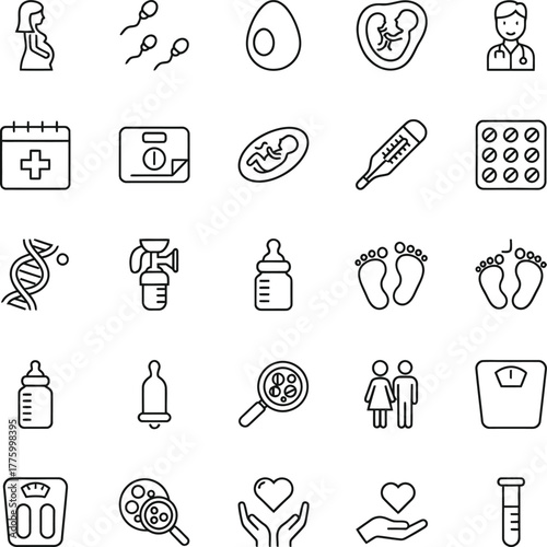 Collection of pregnancy, fertility, and baby related icons in black and white.