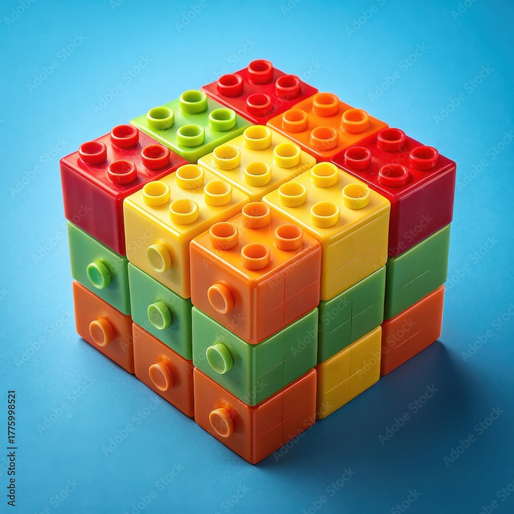 Fototapeta premium A cube of brightly colored plastic building blocks perfectly interlocked