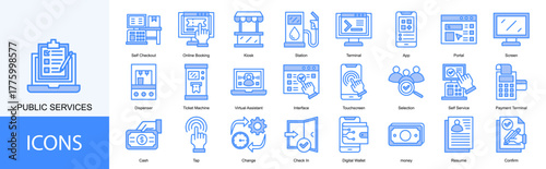 public services icon collection set. Containing  Online Booking, Kiosk, Station, Terminal, App, Portal, Screen icon