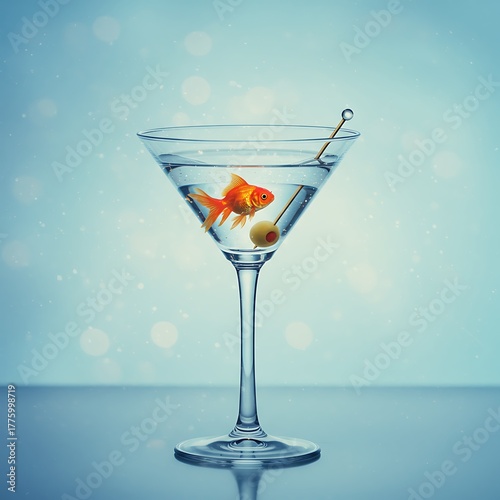 Goldfish Swimming in Martini Glass with Olive on Blue Bokeh Background
