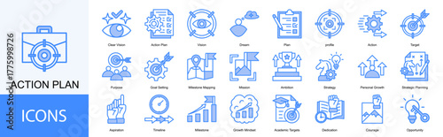 action plan icon collection set. Containing Vision, Dream, Plan, profile, Action, Target, Purpose, Goal Setting icon