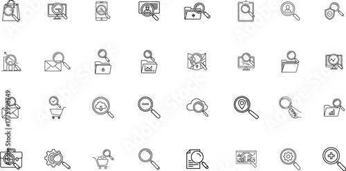 Search line icon set. Including search, find, magnifier, lookup, explore, discover, scan, locate, query, investigate Vector line illustration