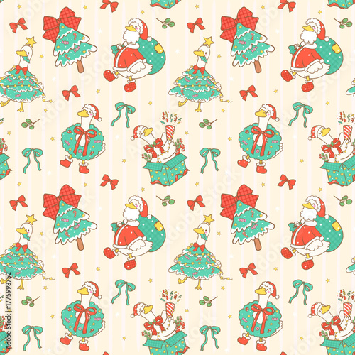 Festive Christmas Silly Goose Seamless Pattern Isoalted Repeat Wallpaper Happy Goose Christmas Tree Cartoon hand Drawn