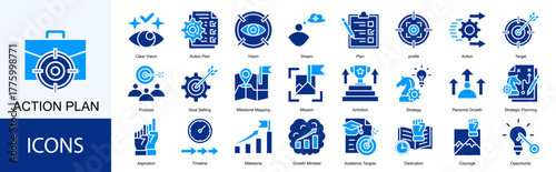 action plan icon collection set. Containing Vision, Dream, Plan, profile, Action, Target, Purpose, Goal Setting icon