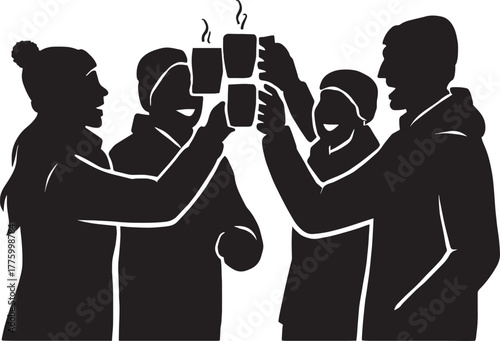 Group of Friends Toasting Hot Cocoa Silhouette | Cozy Winter Gathering Vector | Festive Holiday Celebration Scene