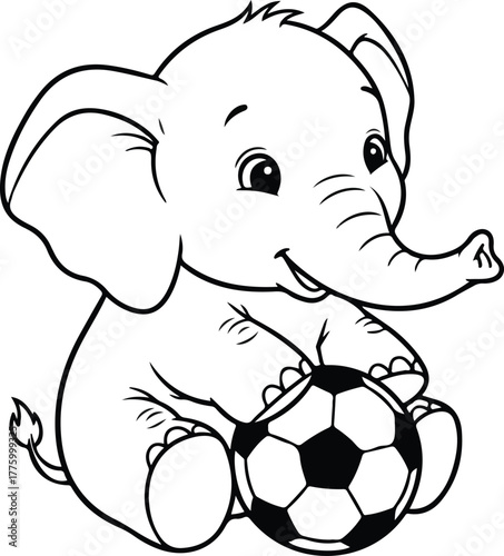 Adorable Cartoon Elephant Playing with Soccer Ball Line Art