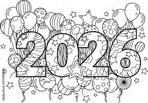 2026 Celebration Coloring Page Vector New Year Balloons