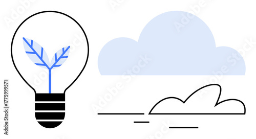 Light bulb with sprouting plant symbolizing green energy and innovation paired with clouds and streamlined shapes. Ideal for sustainability, eco-technology, nature, renewable energy, climate change
