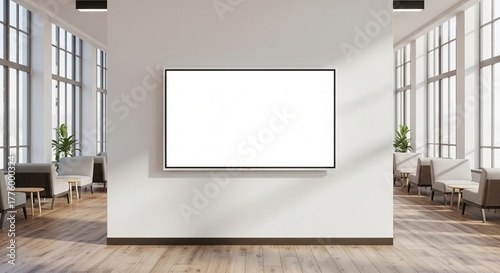 Modern Minimalist Office Lobby Mockup with Blank Horizontal LED Screen on Wall, Photorealistic Interior with Natural Sunlight and Hard Shadows, Digital Signage Template for Corporate Branding