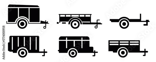 Black and white vector illustration of utility trailers, various transport designs for hauling equipment, vehicle transport, automotive and industrial trailer silhouette icon set