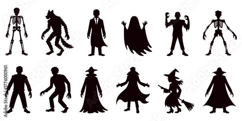 Scary black silhouette vector of Halloween characters including witch, monster, zombie, ghost, and vampire, creative horror costume design for spooky celebration and decoration set