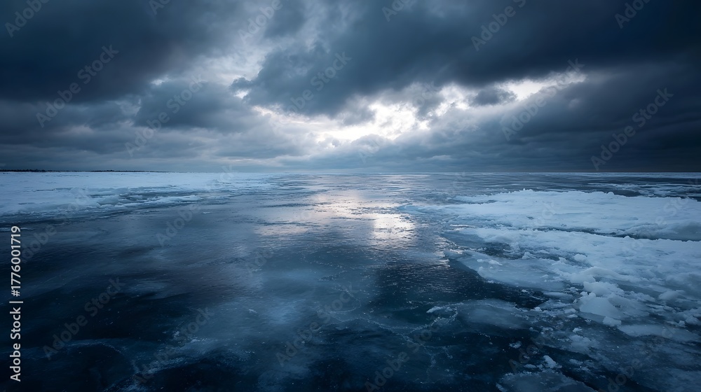 Obraz premium A dramatic frozen landscape under a stormy clouded sky with blue and reflective ice stretching towards the horizon