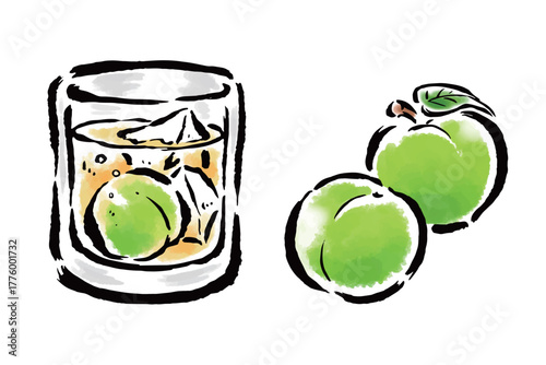 グラスに入った梅酒と梅の実　筆タッチ手描きイラスト
