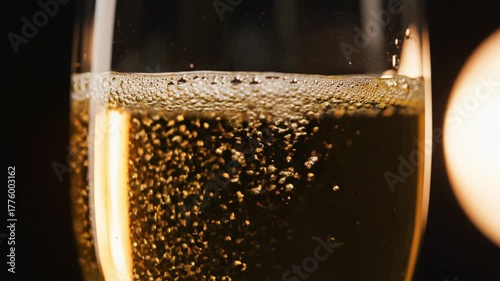 Close-up of a glass of champagne with bubbles and a dark background.