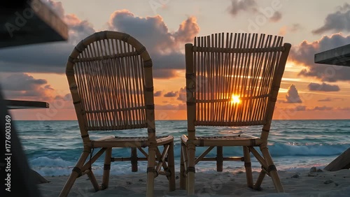 Rear  Perspective of a Pair of Bamboo Armchairs Positioned on a Shoreline Oriented Towards the Ocean During Sunset  Depicting an Open-Air Dining Space with a Vibrant Orange