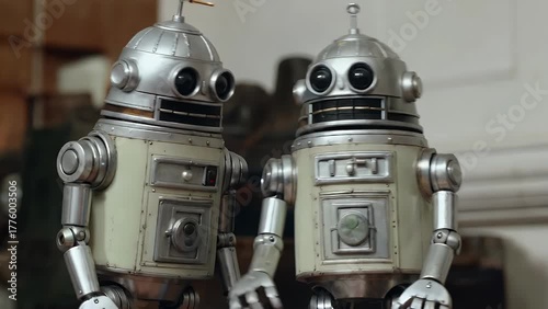 Pair of Vintage-Inspired Tin Toy Robots from a Bygone Era of Science Fiction and Childhood
