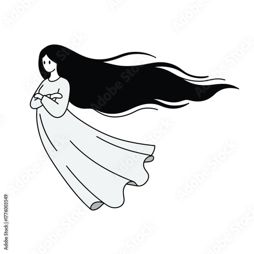 A minimalist illustration of a ghostly woman with long black hair flowing in the wind.